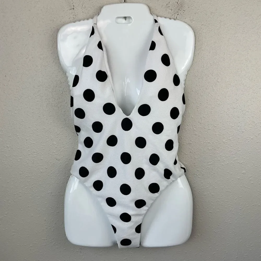 NWT Bar III White and Black Polka Dot Swim Suit Size L